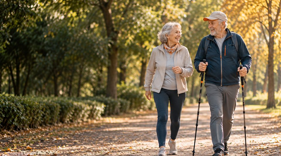 Pareja de personas mayores camina a buen ritmo por un parque en otoño, él con bastones de marcha nórdica