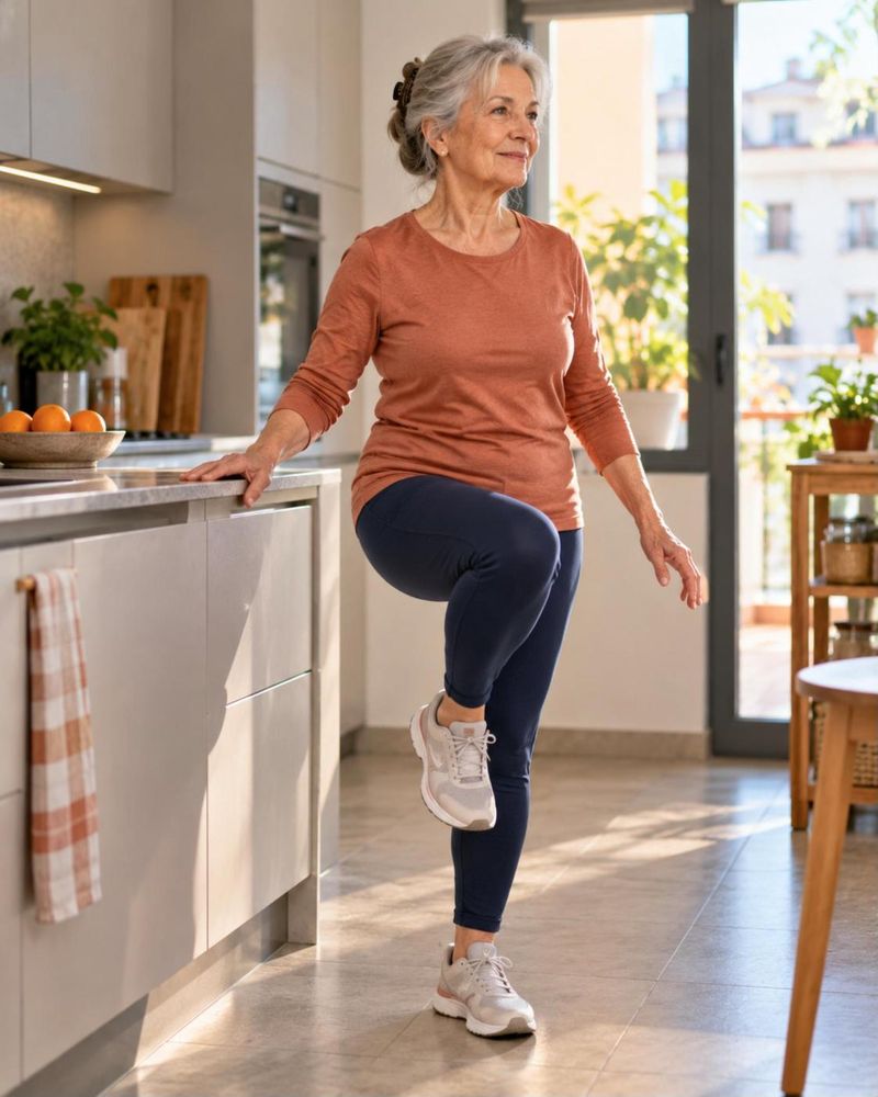 Mujer mayor practica equilibrio apoyando una mano en la encimera de la cocina. Imagen generada con IA