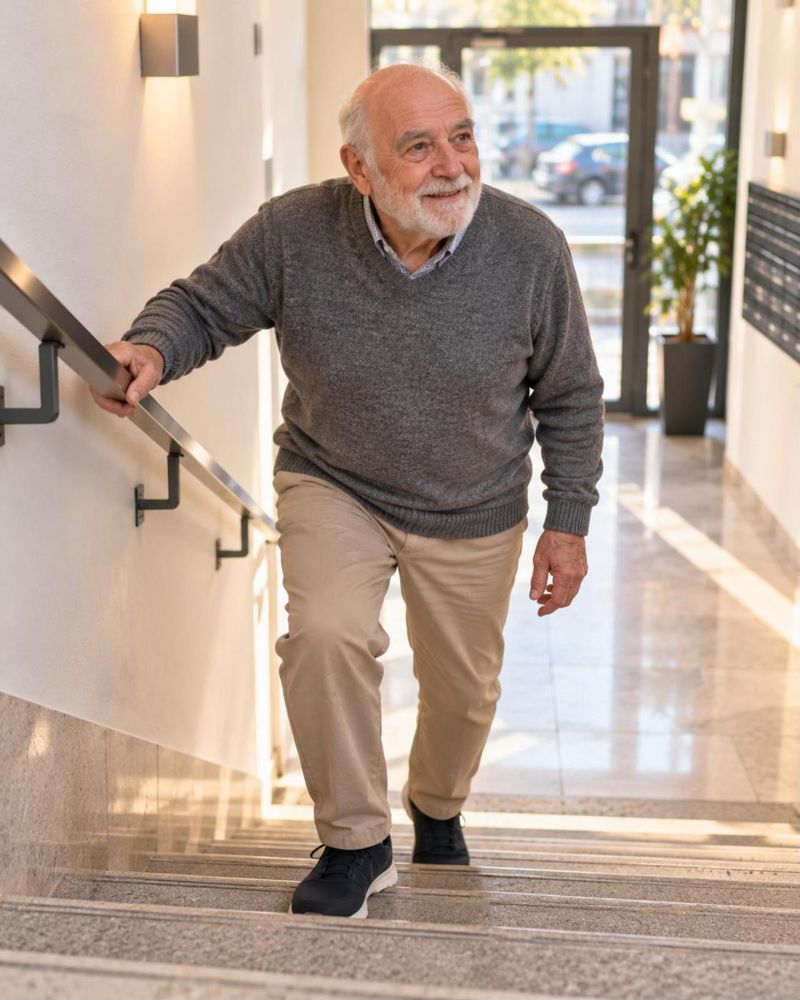 Hombre mayor sube la escalera del portal agarrado al pasamanos. Imagen generada con IA
