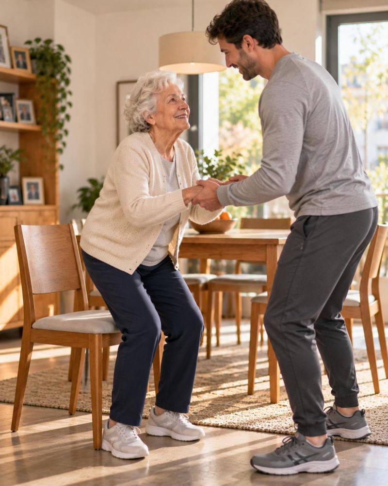 Mujer mayor se levanta de una silla del comedor con su entrenador personal, que le da las manos. Imagen generada con IA