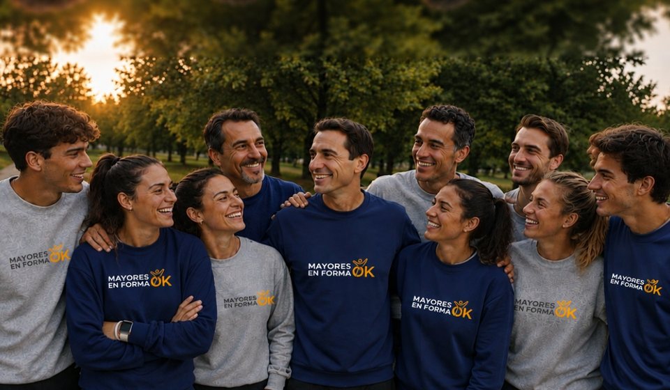 Equipo de Mayores en Forma OK con sudaderas de la marca en un parque al atardecer